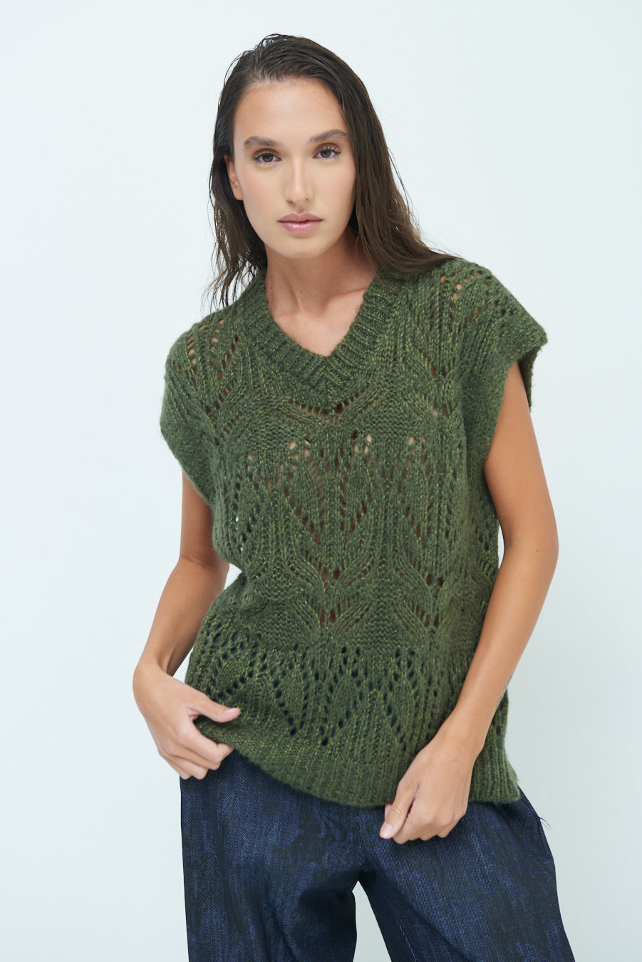 Open-knit sleeveless pullover vest