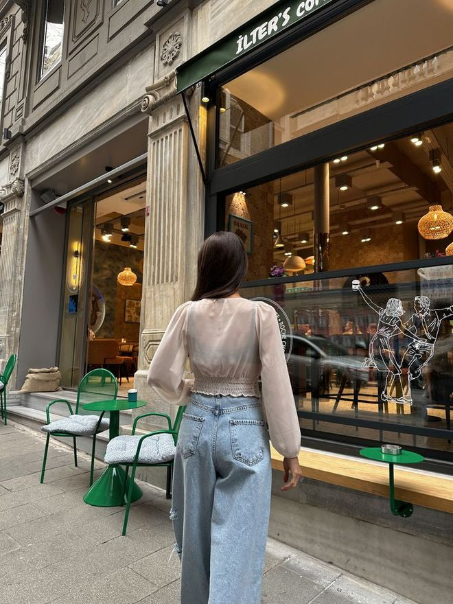 Stone Chiffon Blouse with Gathered Detail