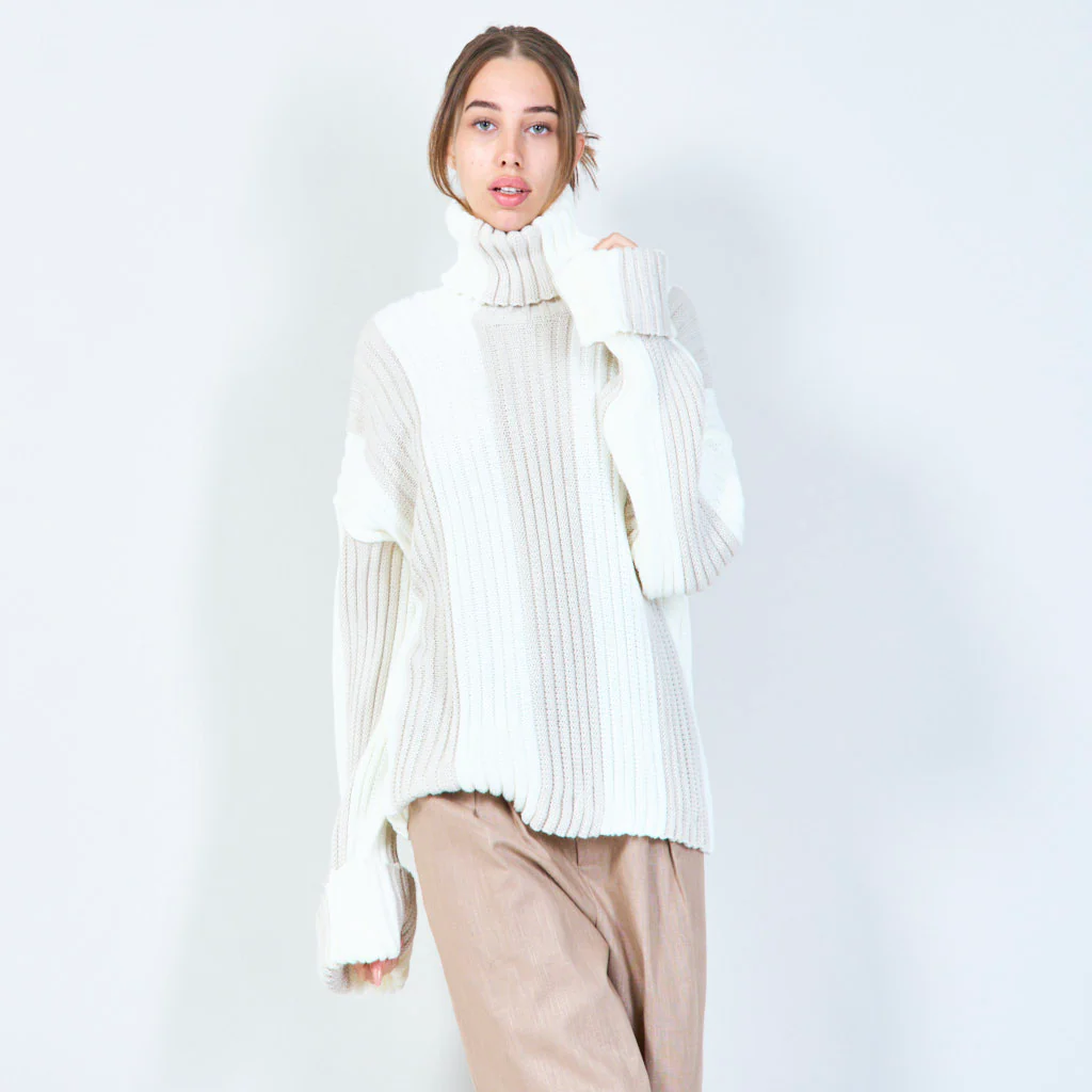 Ribbed turtleneck sweater with contrasting stripes