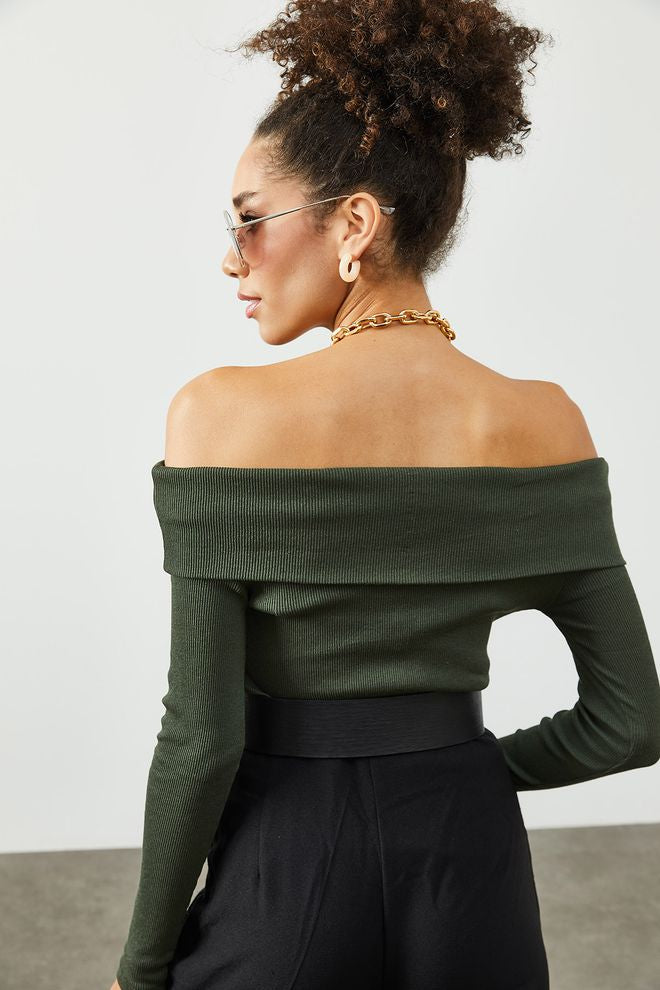 Khaki Boat Neck Blouse