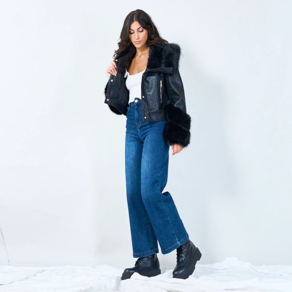 Beige faux fur-trimmed belted jacket