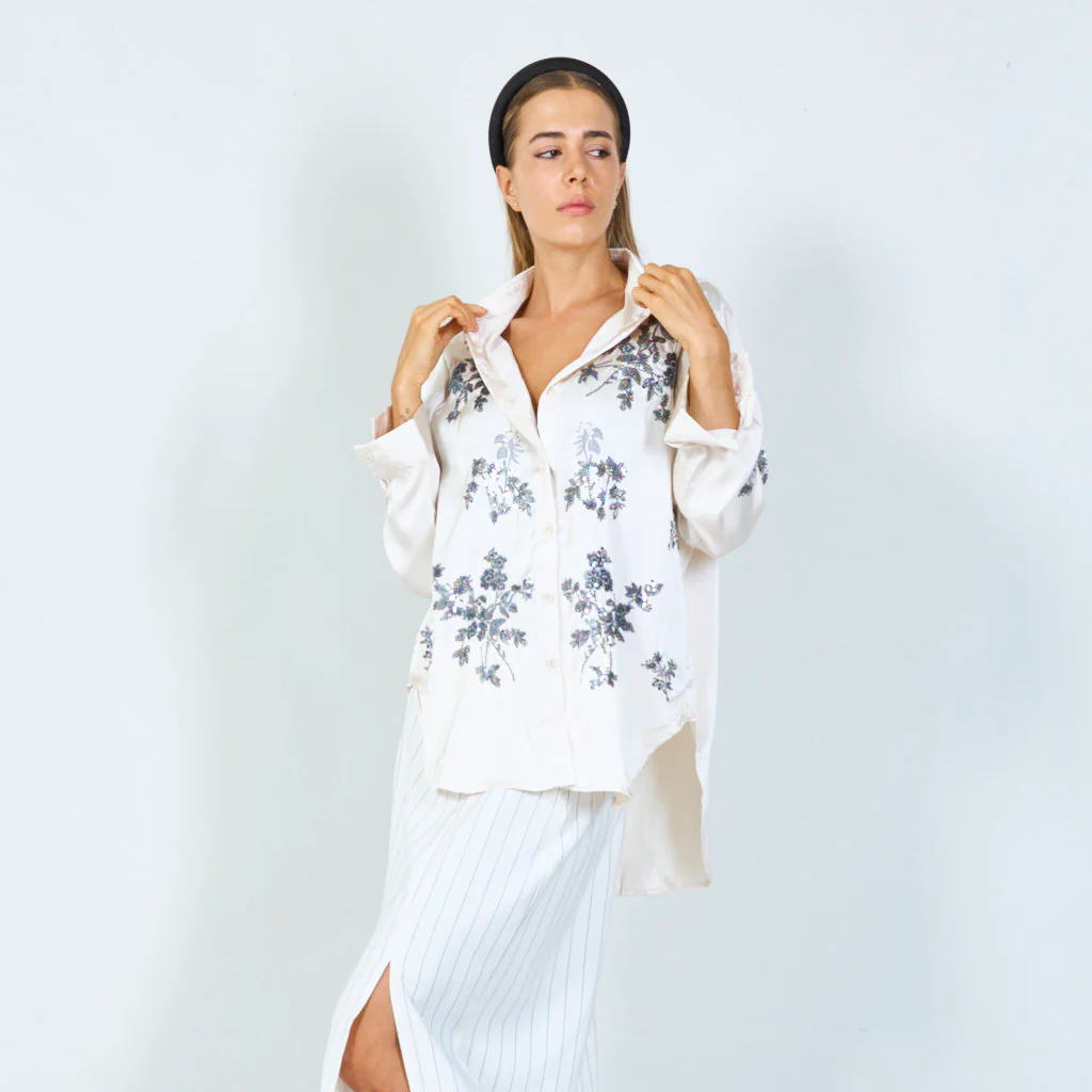Sequin floral satin shirt