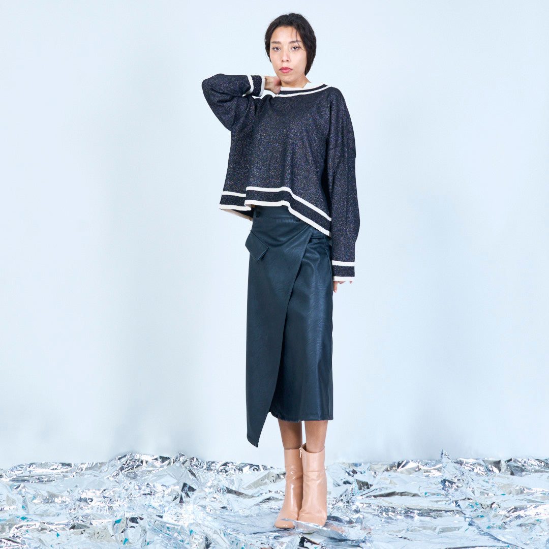 Shimmer knit sweater with striped trim