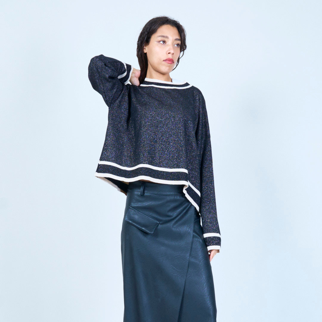Shimmer knit sweater with striped trim