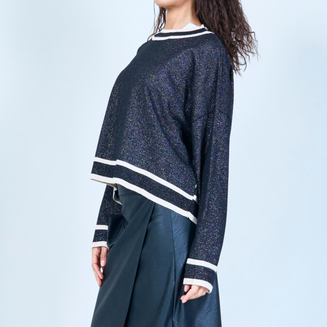 Shimmer knit sweater with striped trim